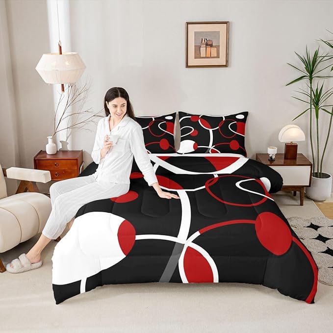 Erosebridal Geometric Comforter Set King Black and Red Circles Bedding Set, White Stripe Duvet Insert Abstract Modern Quilt Sets, Aesthetic Lines Bedding Comforters & Sets Minimalism Bedroom Decor
