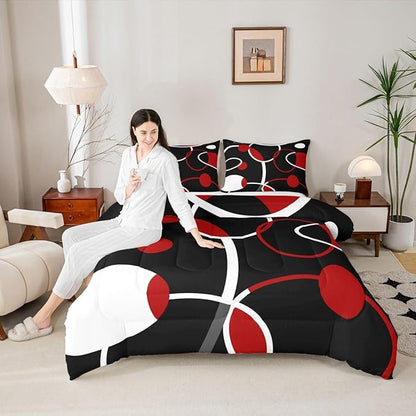 Erosebridal Modern Comforter Set Full Abstract Bedding Set for Kids Teen, White Red Black Down Comforter Geometric Circle Bed Sets, Geometric Quilted Duvet 3 Pieces