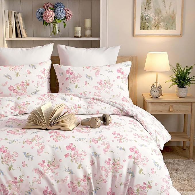 Nayoroom Pink Floral Comforter Set Queen Size Spring Botanical Blooms Flower Comforter 3 Pieces Soft Lightweight Aesthetic Bedding Set for All Seasons