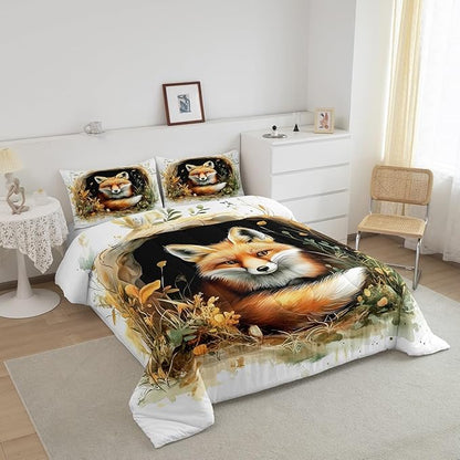 Manfei Fox Kids Comforter Sets Toddler Size,Cartoon Animal Cave Bedding Comforter Sets,Rustic Botanical Plants Quilt Sets for Boys Adult Bedroom Decor,Safari Animal Duvet Insert with 1 Pillowcase