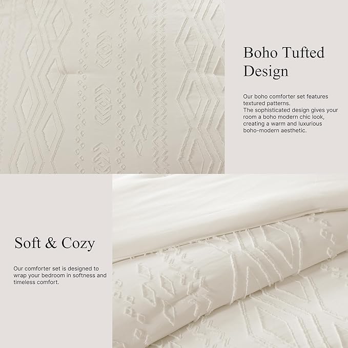 Queen Comforter Set White, Tufted Boho Bedding Farmhouse Bed Set, All Season 7 Pieces Bed in a Bag with Sheets, Pillowcases & Shams