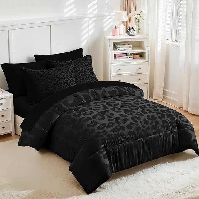 Nesker 7 Pcs Comforter Set Full Size, Leopard Print Wild Animal Bedding Set for Kids and Adults, Black Grey African Cheetah Wildlife Bed Sheet Sets with Fitted Sheet 2 Pillowcases & 2 Shams