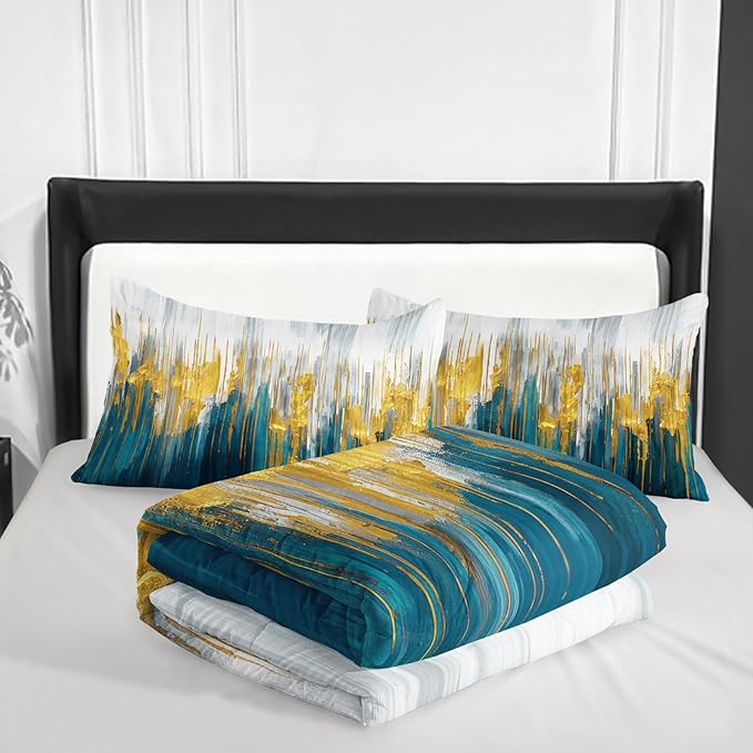 Lake Blue White Golden Gradient Print Comforter Set Full Size,Abstract Art Bedding Set,Patchwork Printed Quilted Set for Teens Adult,with 1 Comforter and 2 Pillow Case