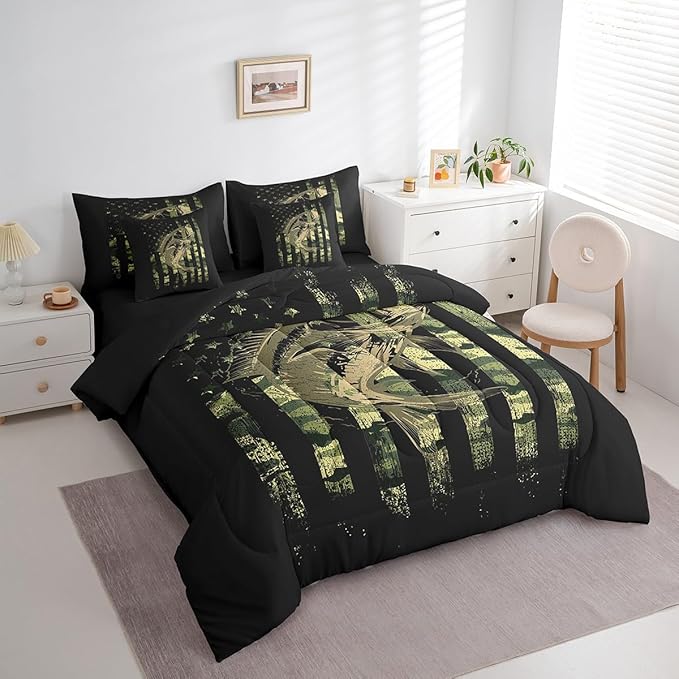 Feelyou Bass Fish Comforter Set Queen Size 7 Pcs Camouflage American Flag Comforter Bed in a Bag Cabin Lodge Bedding Set for Fisherman Rustic Lake Fishing Bed Set with Sheets, Pillowcase, Pillow Cover