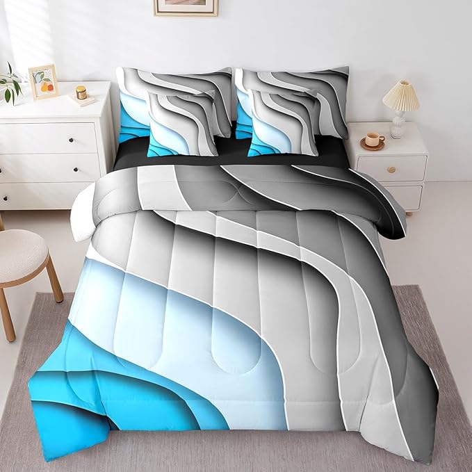 Erosebridal Grey Blue Gradient Bedding Comforter Sets 7pcs for All Ages Geometric Stripe Bed in a Bag, Aesthetic Wave Queen Bedding Sets Modern Abstract Comforter Set, Ombre Bedding Sets & Collections