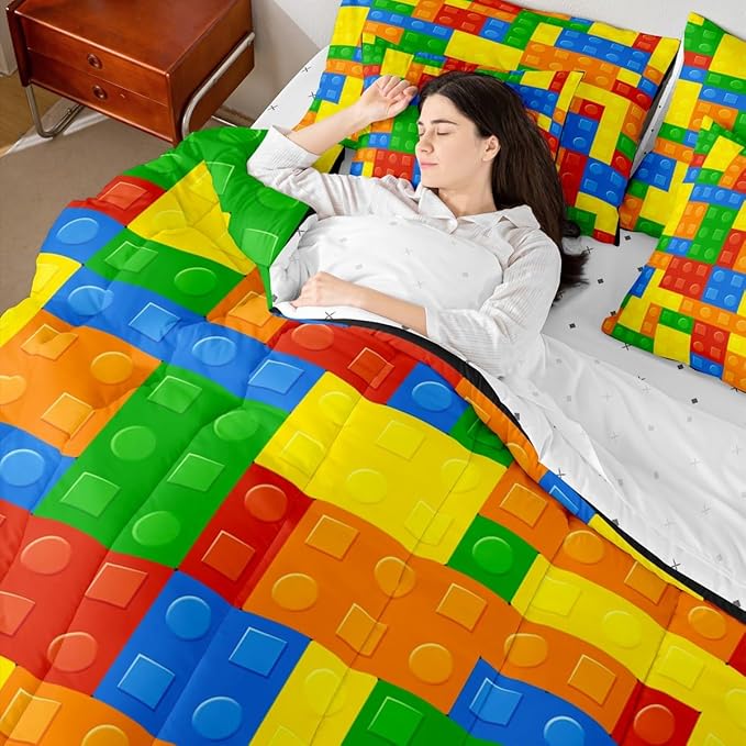 Kids Games Comforter Set 7 Pcs Queen Size,Cartoon Construction Bedding Set for Child Boys Room Decor Color Building Blocks Gaming Theme Fitted Flat Sheet 2 Throw Pillow Covers 2 Pillowcases