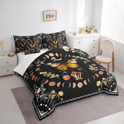 Feelyou Boho Butterfly Bedding Bed in a Bag with Comforter, Sun Moon Bedding Set with Comforter, Bohemian Mushroom Comforter for Women Men Wild King Size 7Pcs Room Decor