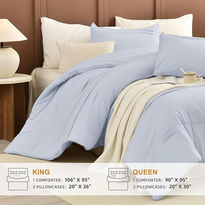 Sanracie Cotton King Comforter Set(106"x 95"),3Pcs Soft Lightweight Pinch Pleated Bedding Set,Cornflower Blue Colored Shabby Boho Chic Aesthetic Bedroom Sets