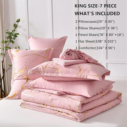 Yogeneg Gold Metallic Marble King Size Comforter Set,7 Piece Bed in a Bag,Foil Print Glitter Pink Comforter and Sheet Set,All Season Soft Microfiber Complete Bedding Sets(Pink,King)