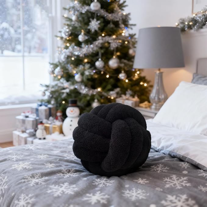Knot Pillow Ball Plush - Decorative Throw Pillows for Bed Relieve Stress, Round Knot Cushion for Sofa Decor Pet Toy, Black 8 inch