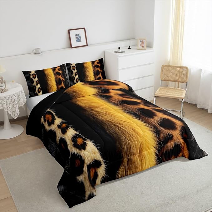 jejeloiu 3D Gold Leopard Bedding Set King Size Adult Leopard Comforter Set for Boys Girls Animal Print Duvet Set Wild Animal Fur Quilt Set 3Pcs