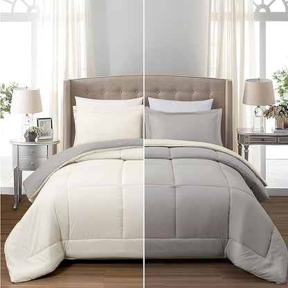EMME King Comforter Set 7 Pieces Ultra Soft White and Grey Bedding Sets, King Bed in a Bag, All Season Bed Set with 1 Comforter, 1 Flat Sheet, 1 Fitted Sheet, 2 Pillowcases and 2 Pillow Shams