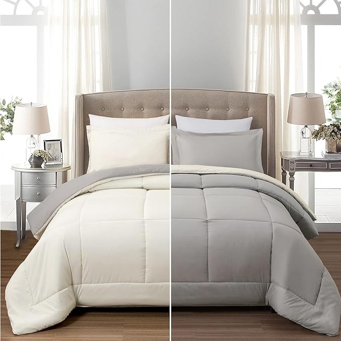 EMME Queen Comforter Set - Bed Sheet, Ultra Soft 7 Piece White Grey Bedding Sets, Queen Bed in a Bag, All Season Bed Set with 1 Comforter, 1 Flat Sheet, 1 Fitted Sheet, 2 Pillowcases，2 Pillow Shams
