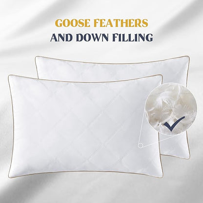 puredown® Goose Feathers and Down Pillow with Diamond Quilting with 100% Cotton Cover, Pack of 2, Standard Size