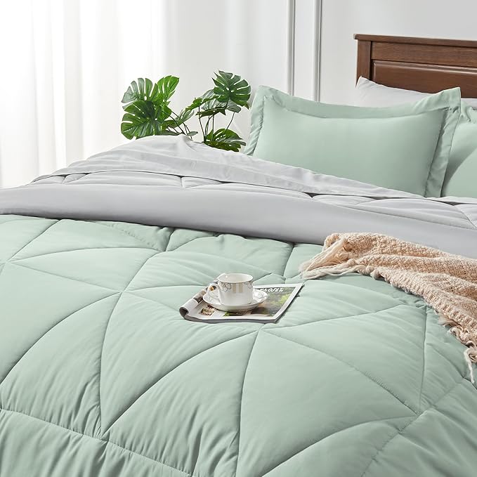 BEDELITE Queen Comforter Set 7 Pieces Bed in A Bag - Soft Microfiber Reversible Sage Green Bed Set with Comforters, Sheets, Pillowcases & Shams, Cozy Luxury Bedding Sets for All Season