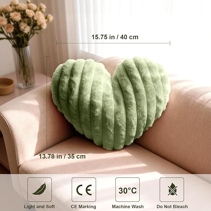 2 Pcs Sage Green Heart Throw Pillows, 16 Inch Soft Fluffy Heart-Shaped Comfort Pillows with Calming Texture, Hug Pressure for Relaxing Moments, Ideal for Sofa, Reading, and Naps (Sage Green)