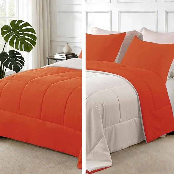 Exclusivo Mezcla Lightweight Summer Reversible Twin Size Comforter Set, Down Alternative Comforter with 1 Pillow Sham, Twin Size Bedding Set for All Seasons, Burnt Orange/Brich Beige