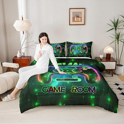 jejeloiu Cool Gamer Bedding Set King Size for Boys 3D Gaming Comforter Set Kids Teens Bright Green Duvet Set Modern Game Console Quilt Set 3Pcs