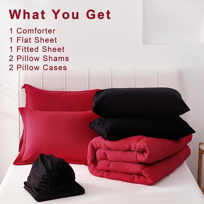 DOWNCOOL Full Size Comforter Sets, 7Pcs Full Size Bedding Sets Red/Black, All Season Down Alternative Bedding Comforter Sets with Comforter, Flat Sheet, Fitted Sheet, 2 Pillow Shams & 2 Pillowcases