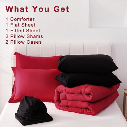 DOWNCOOL Full Size Comforter Sets, 7Pcs Full Size Bedding Sets Red/Black, All Season Down Alternative Bedding Comforter Sets with Comforter, Flat Sheet, Fitted Sheet, 2 Pillow Shams & 2 Pillowcases