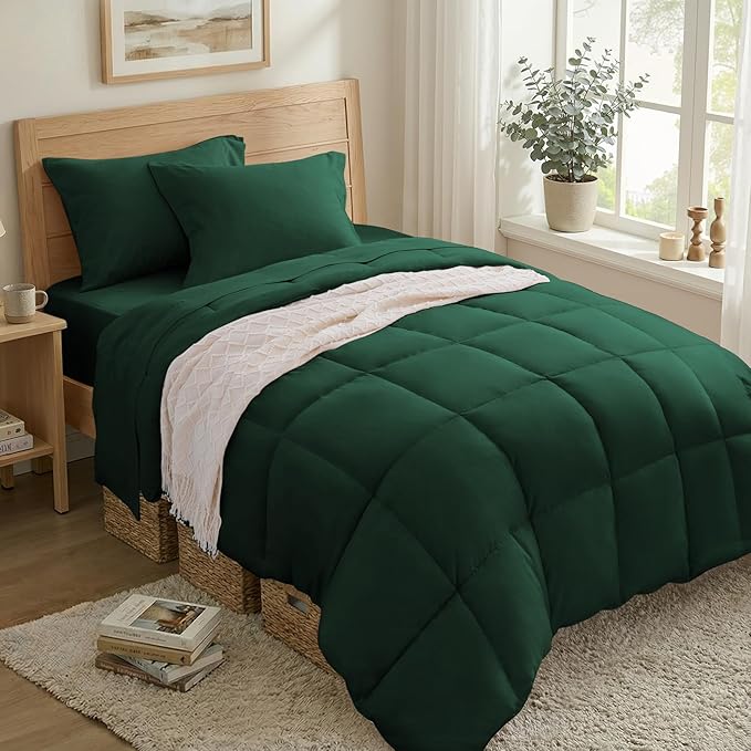Anluoer Twin Comforter Set 5 Piece, Emerald Green Bed in a Bag with Sheets, Comforters Twin Size Bedding Sets with 1 Comforter, 1 Pillow Shams, 1 Pillowcases, 1 Flat Sheet,1 Fitted Sheet