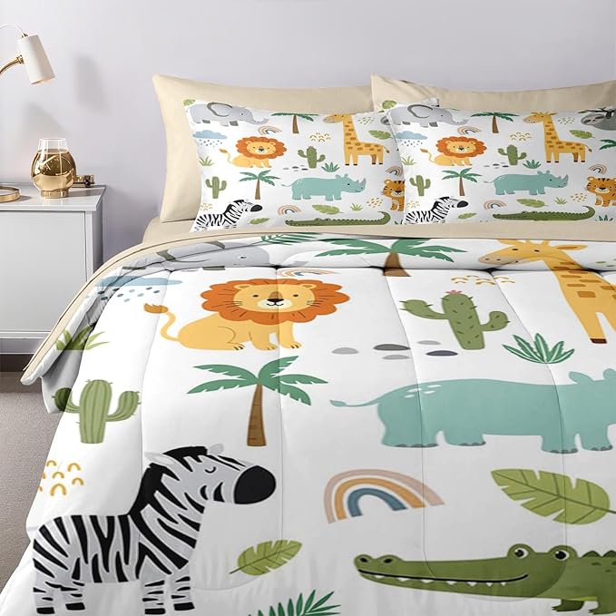 Nesker 5 Pcs Comforter Set Twin Size, Cute Wild Animals Colorful Bedding Set for Kids and Adults, Lion Elephant Giraffe Cartoon Bed Sheet Sets with Fitted Sheet Pillowcases & Shams