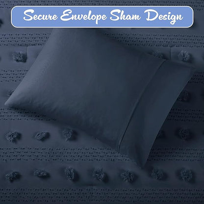 Intelligent Design Queen Duvet Cover Set, Clipped Jacquard Duvet Set Chic Pompoms Accent, All Seasons Lightweight Microfiber Bed Cover for Comforter with 2 Shams, Lucy, Full/Queen Navy 3 Piece