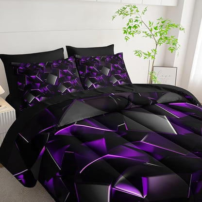 Purple and Black Geometric Comforter Set Full Size 7PCS,Abstract Triangular Printed Bedding Set for Adults,Geometric Mordern Art Decor All Seasons with Pillowcases,Flat, Fitted Sheet