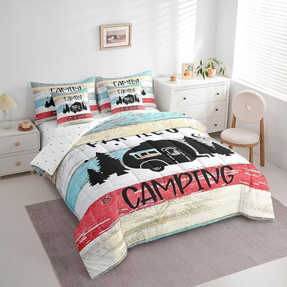 Erosebridal Happy Camping King Comforter Set Bed in a Bag Family Camping Rv Comforter Set with Wooden Style Sheets(1 Comforter, 1 Flat Sheet, 2 Pillowcases and 2 Throw Pillow Covers)