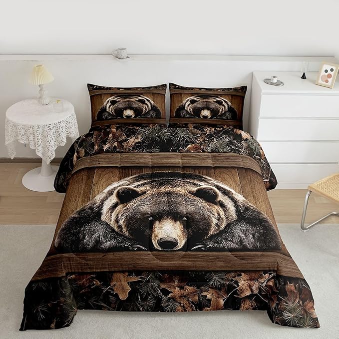 Erosebridal Grizzly Bear Comforter Set Rustic Hunting Bear Toddler Bedding Sets Kids Boys Teen Men Farmhouse Cabin Comforter Wildlife Animal Black Brown Quilt Duvet 2 Pcs