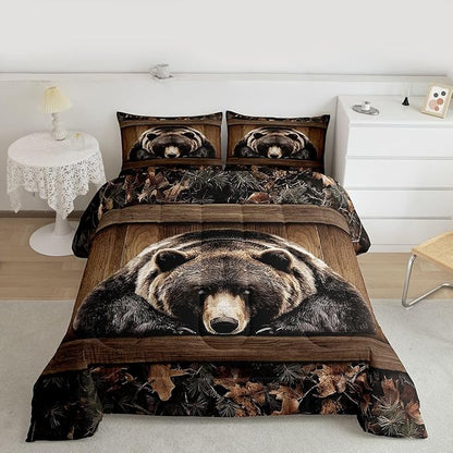 Erosebridal Grizzly Bear Comforter Set Rustic Hunting Bear Toddler Bedding Sets Kids Boys Teen Men Farmhouse Cabin Comforter Wildlife Animal Black Brown Quilt Duvet 2 Pcs