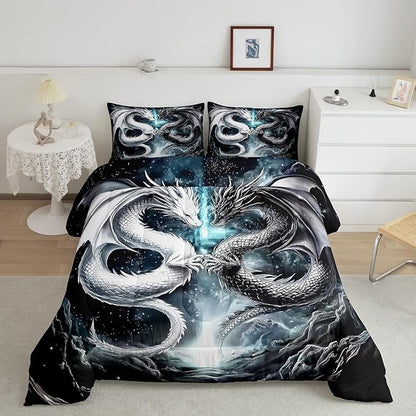 Erosebridal Dragon Toddler Size Bedding Set, West Wildlife Comforter Set for Teens Adult Youth Men Room, Ancient Animal Down Comforter for All Season, Black White