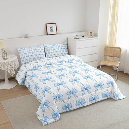Feelyou Blue Bow Comforter Set Toddler Size Cute Bowknot Bedding Set Boys Girls Kawaii Comforter for Kids Women Men Bow and Stripes Duvet Set 2Pcs