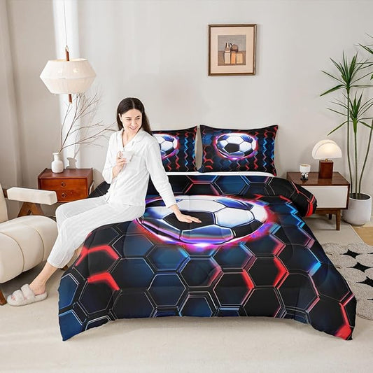 Manfei Football Kids Comforter Set Full Size,Soccer Game Ball Sports Bedding Set,Girls Boys Room Decor,Geometric Honeycomb Hexagon Quilt Comforter,Black Red Duvet Set Bedroom Quilt Set,2 Pillowcases