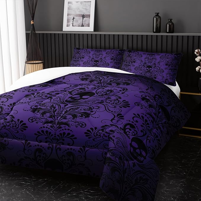 Adults Violet Gothic Comforter Set Queen Size,Vintage Damask Floral Bedding Set 3Pcs,Bohemia Bedding Set Goth Skull Printed Quilted Set for Teens Adult with 1 Comforter with 2 Pillowcase
