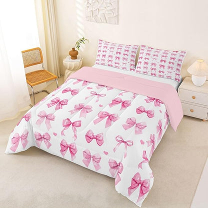 Castle Fairy Bow Comforter Set Queen Size Coquette Room Decor | Girl Bedding Sets Pink Bowknot Decor for Kids Teens Pink Watercolor Quilted Duvet Bed in a Bag 2 Pillowcase