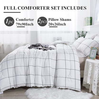 Andency White Grid Comforter Set Full(79x90Inch), 3 Pieces (1 Plaid Comforter and 2 Pillowcases) White Plaid Comforter Set, Lightweight Microfiber Gingham Geometric Comforter Bedding Set