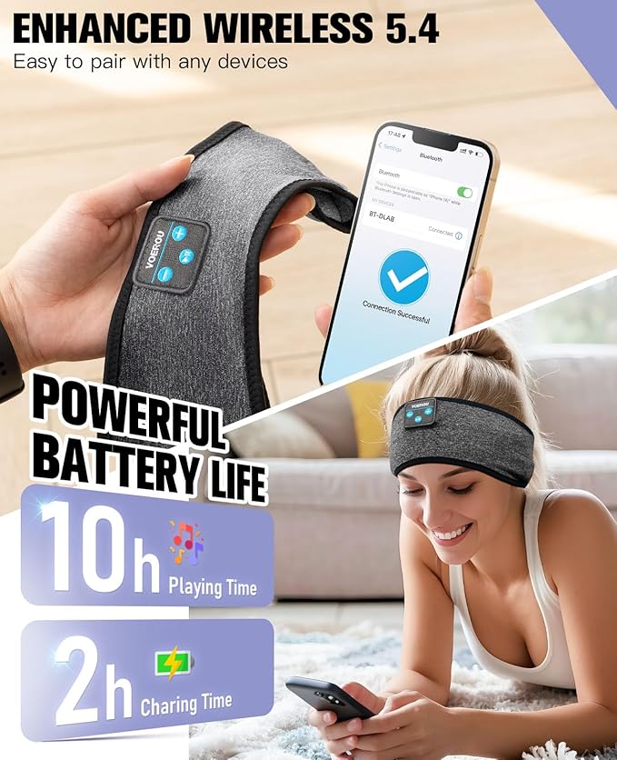 Voerou Sleep Headphones Bluetooth Headband for Women Men, Wireless Sleeping Headphones for Side Sleepers with Ultra-thin Stereo Speakers, Unique Gift for Men Sleeping Yoga Meditation Travel Office Nap