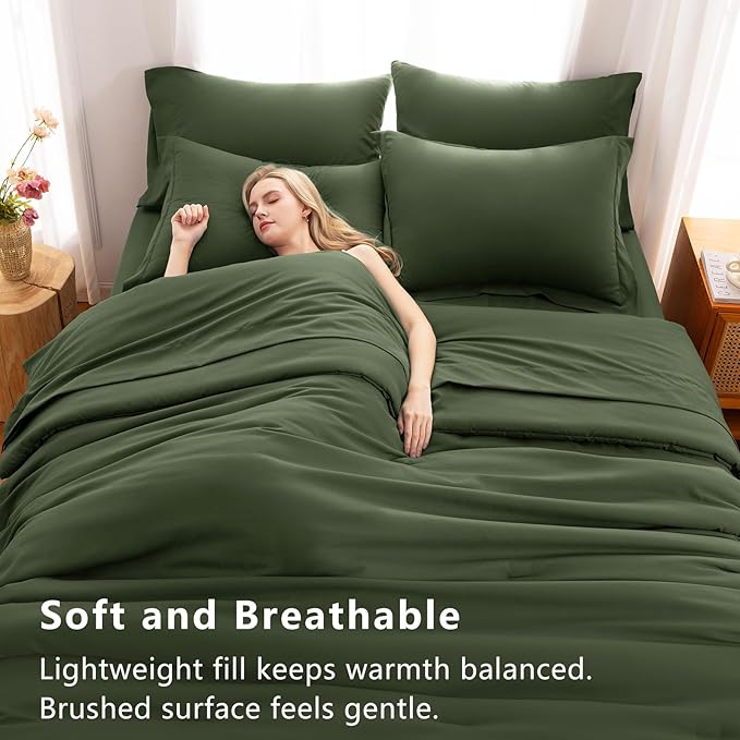CozyLux Full Size Comforter Set Olive Green, 7 Pieces Bed in a Bag Full Comforter Set with Sheets, Bedding Set with Down Alternative Comforter, Fitted Sheets, Flat Sheets, Pillow Shams and Pillowcases