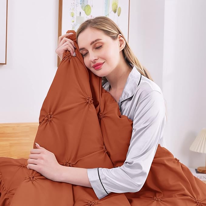 JOLLYVOGUE Burnt Orange Cal King Size Comforter Sets 7 Pieces, Pintuck Bed in a Bag Comforter Set for Bedroom, Bedding Comforter Sets with Comforter, Sheets,Ruffled Shams & Pillowcases