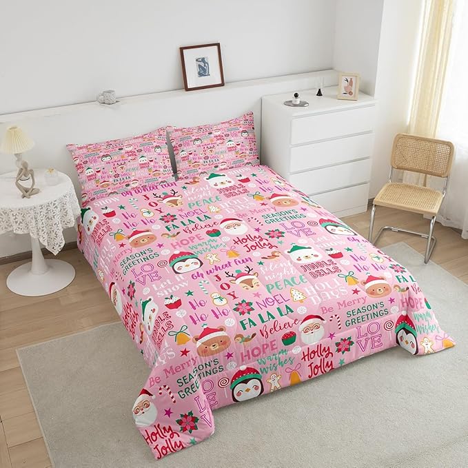 Pink Christmas Girls Bedding Set Twin Size Cute Santa Claus Penguin Cartoon Comforter Set 2pcs for Kids Boys Women Xmas Decor Wild Animals Deer Quilt Set Pink Fantasy Duvet Insert,1 Pillowcase