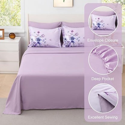Floral King Size Comforter Set - 7 Piece Botanical Purple Flower Bed in a Bag Ulter Soft Microfiber Bedding Set, Lightweight Bed Comforter Set with Sheets for All Season (Purple, King)