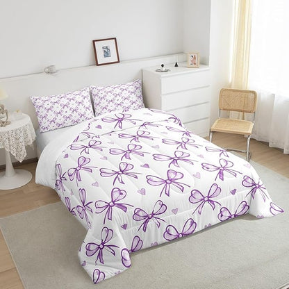 Purple Bow Girlish Comforter Set Full Size,Bowknot Love Heart Cartoon Girly Bedding Set,Girls Women Room Decor,Bow Princess Style Romantic Down Comforter,Simple Chic Duvet Insert,2 Pillowcases
