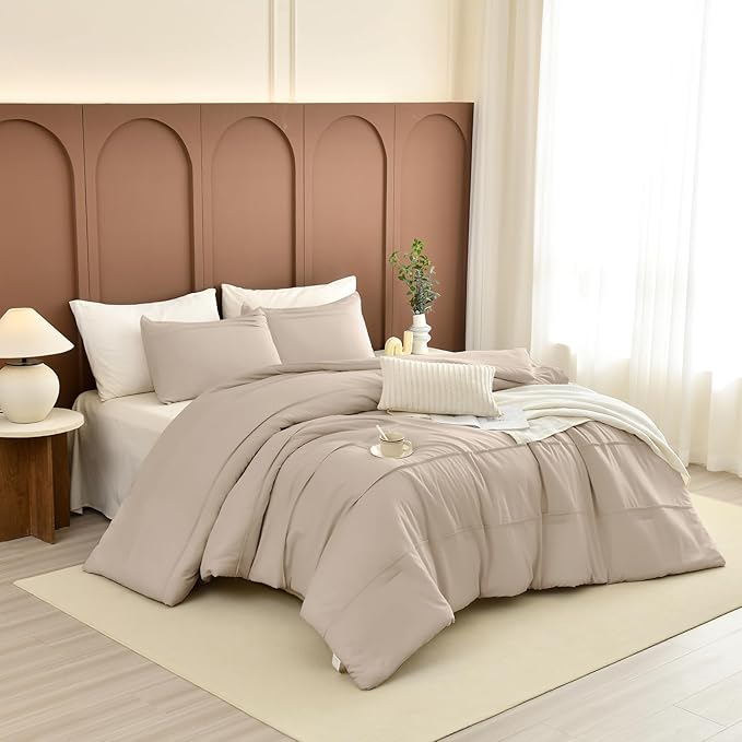 Sanracie Cotton Queen Comforter Set(90"x 95"),Pinch Pleated Linen Colored Breathable Comforter Sets 3Pcs Extra Soft Lightweight Neutral Bedding Set for All Season