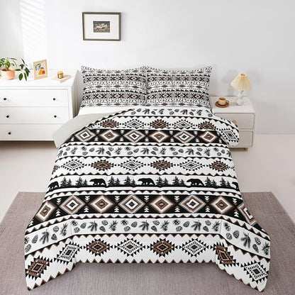 Western Aztec Print Bed Comforter Set Queen Size,Geometric Brown Striped Super Soft Microfiber Bedding Set for Adults Teens,Bear Plant Exotic Boho Abstract Art Comforter Set,2 Pillowcases