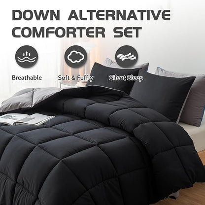 Decroom Lightweight California King Comforter Set with 2 Pillow Sham - 3 Pieces Set - Quilted Down Alternative Comforter/Duvet Insert for All Season - Black/Grey - Cal King Size