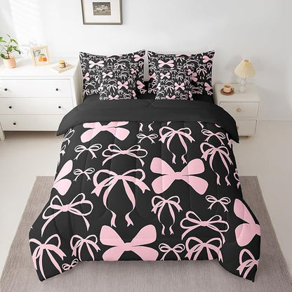 Feelyou Bow Bedding Set for All Season Boys Girls King Size Black Pink Girls Bow 7 Pieces Comforter Sets Women Men Cute Bowknot Bed in a Bag with Comforter, Sheets, Pillowcases & Cushion Cover