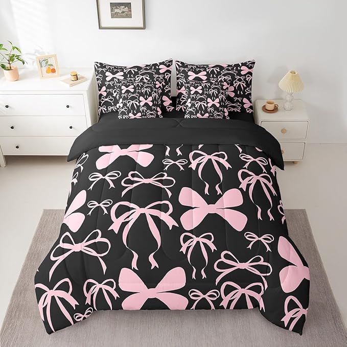 Feelyou Bow Bedding Set for All Season Boys Girls Full Size Black Pink Girls Bow 7 Pieces Comforter Sets Women Men Cute Bowknot Bed in a Bag with Comforter, Sheets, Pillowcases & Cushion Cover