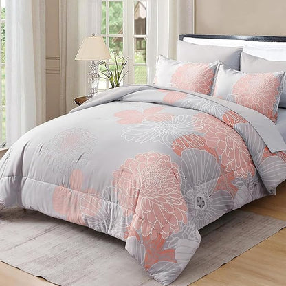 Yiran Blush Grey Floral Bed in a Bag Comforter 7 Pieces Soft Microfiber Comforter Set Bedding Set King Size 104"×90"(1 Comforter,2 Pillowcases,2 Pillow Shams,1 Flat Sheet,1 Fitted Sheet)