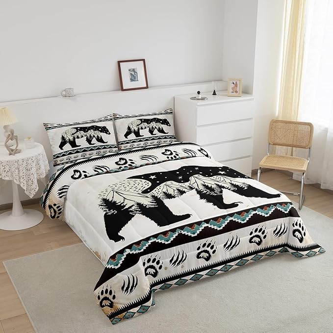 Feelyou Bear Print Bedding Set Boho Southwestern Comforter Set for Kids Boys Girls Wild Animal Hunt Comforter Rustic Farmhouse Quilt Set Room 2Pcs Twin Size